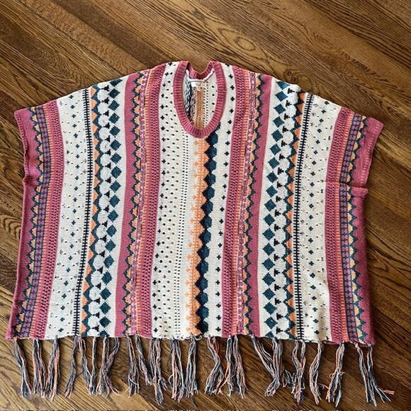 Easel Poncho Sweater Womens M Oversized Colorful Fringe Boho Southwestern - Picture 1 of 8